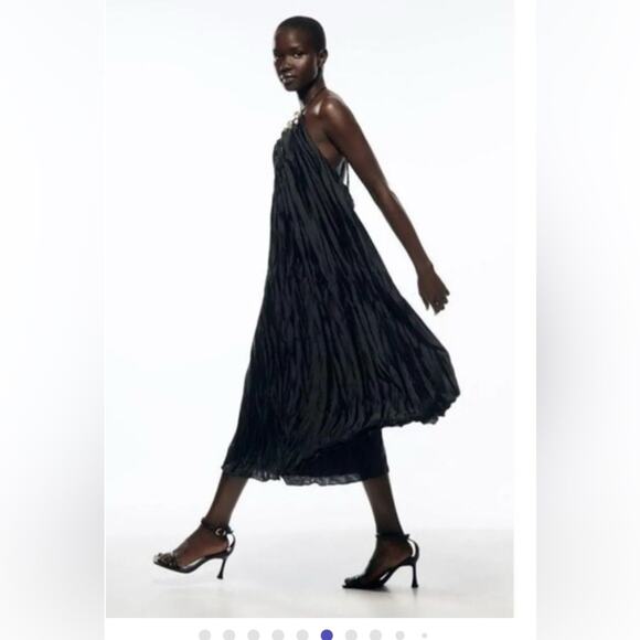 Zara Black Halter Midi Dress NWT Size Medium - Picture 4 of 7